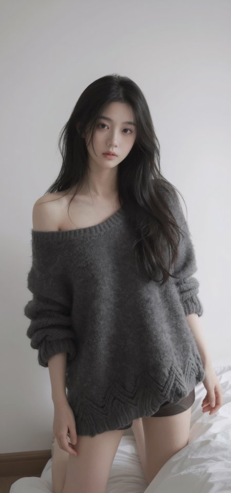 美女穿灰色露肩毛衣室内摄影手机壁纸