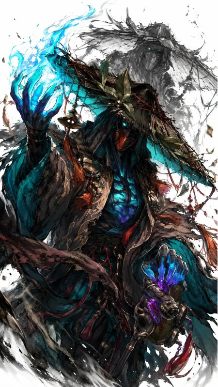 蓝焰巫师戴叶冠持法杖神秘魔法动漫手机壁纸