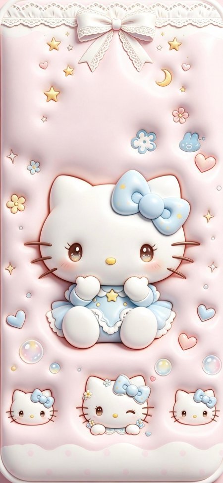 蓝裙HelloKitty坐粉云星星爱心梦幻卡通手机壁纸