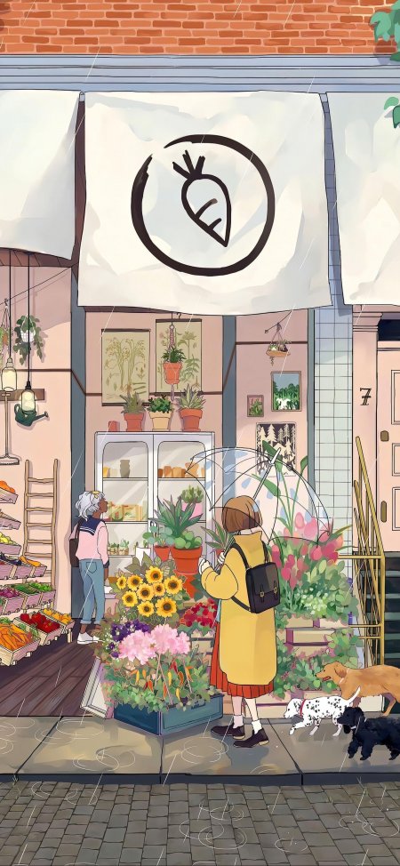 街角花店雨中场景插画手机壁纸