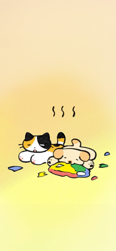 三花猫与小狗躺地彩色玩具卡通创意手机壁纸