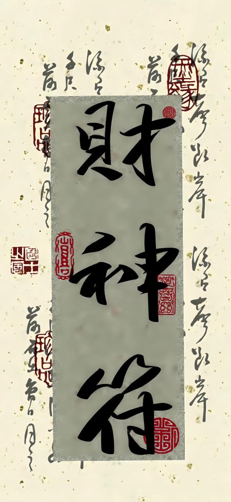 财神符书法印章金色点缀创意设计手机壁纸