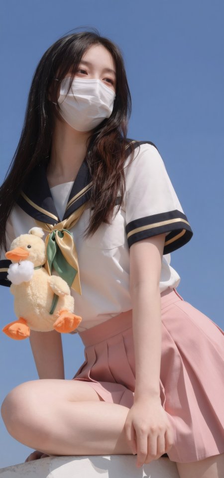 美女水手服抱小鸭玩偶蓝天摄影手机壁纸