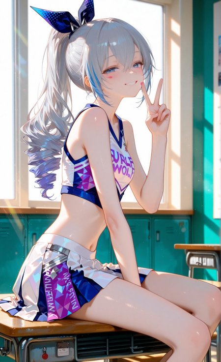 银发少女啦啦队比耶动漫手机壁纸