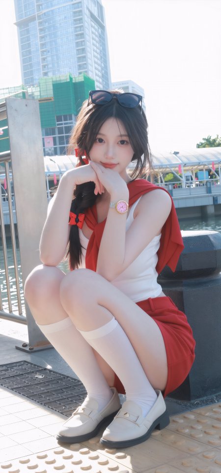 美女红裙白袜蹲坐城市摄影手机壁纸