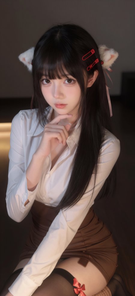 美女戴猫耳发饰穿白衬衫棕裙摄影手机壁纸