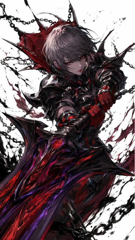银发红瞳铠甲少女持锁链武器暗黑风动漫手机壁纸