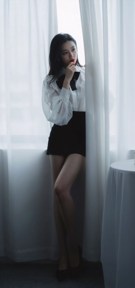 美女白衬衫黑短裙窗帘边摄影手机壁纸