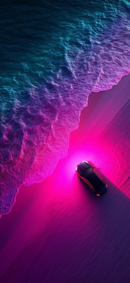 霓虹海浪汽车沙滩创意手机壁纸