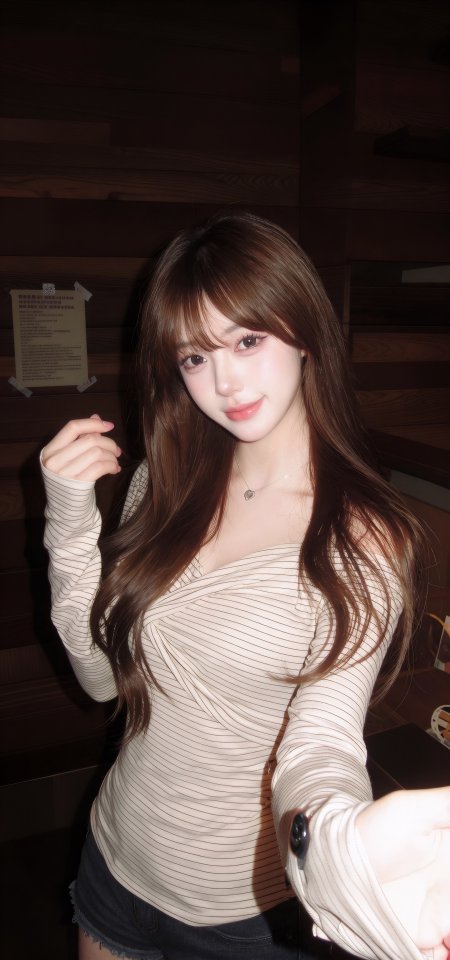 美女条纹上衣室内自拍长发摄影手机壁纸