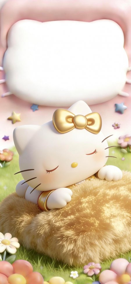 金蝴蝶结HelloKitty趴金毛毯草地花朵可爱卡通手机壁纸