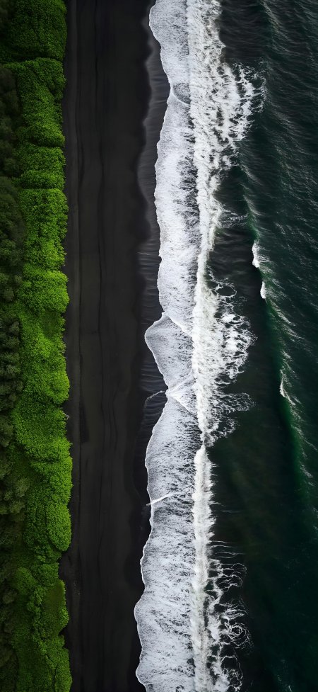 黑沙滩海浪森林航拍风景手机壁纸