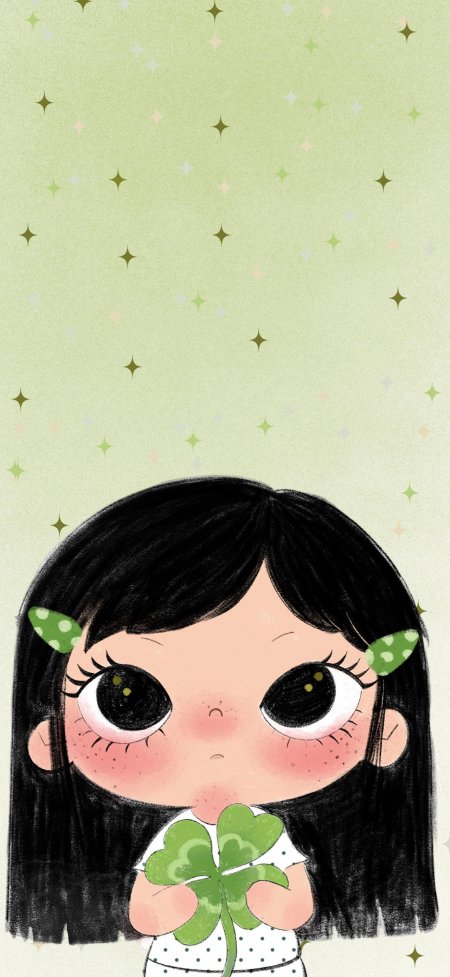 黑发女孩拿四叶草绿背景插画手机壁纸