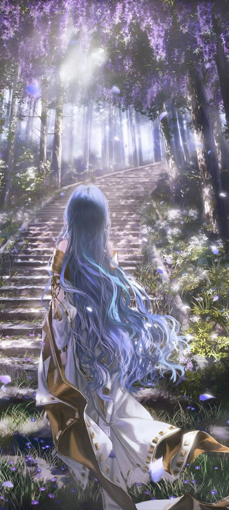 蓝发少女背对镜头走紫藤花森林阶梯梦幻动漫手机壁纸