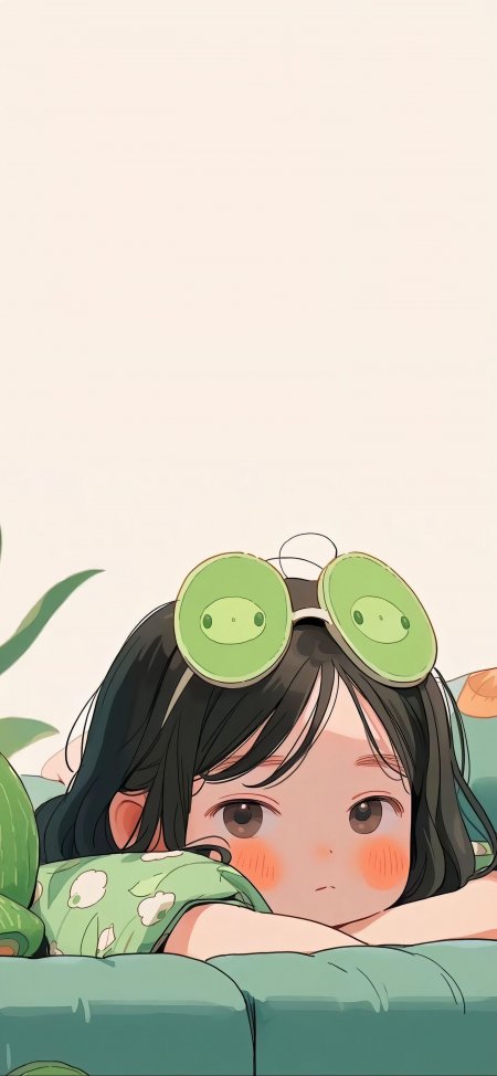 黑发少女绿色眼罩插画手机壁纸