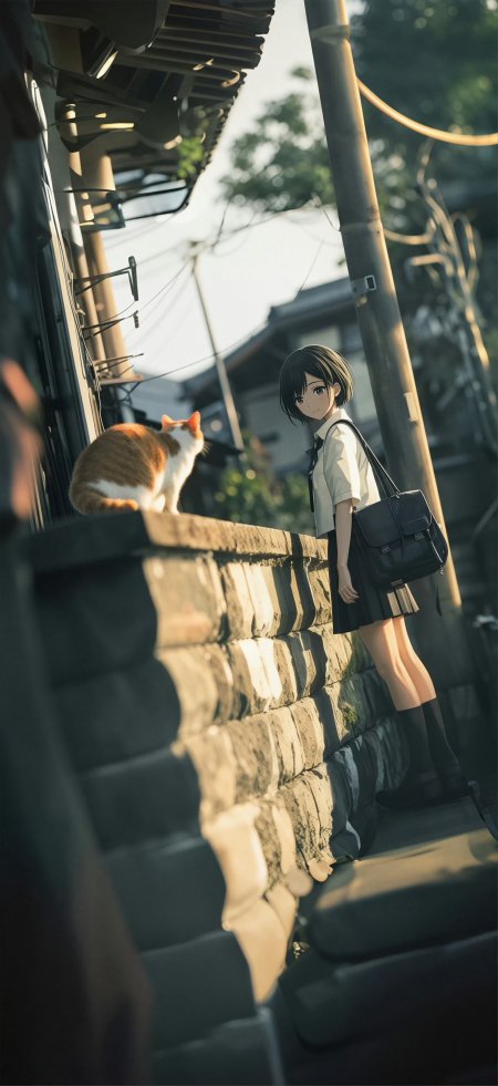 黑发少女校服背书包与橘白猫街角相遇治愈动漫手机壁纸