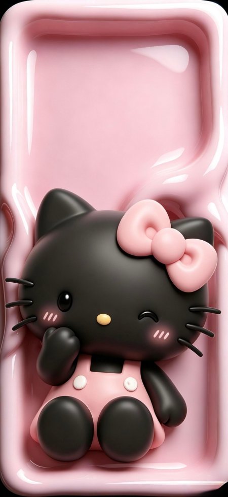 黑皮HelloKitty戴粉蝴蝶结坐粉托盘可爱卡通手机壁纸
