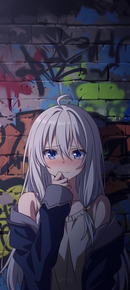 银发蓝瞳少女托腮涂鸦墙前忧郁动漫手机壁纸