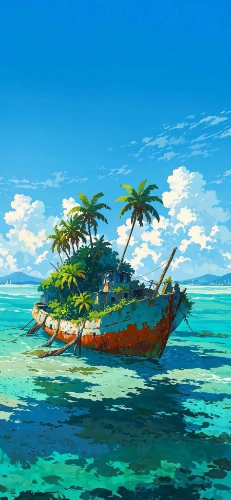 沉船长满棕榈树碧海蓝天奇幻场景风景手机壁纸