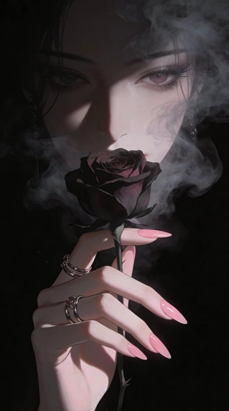 美女持黑玫瑰烟雾缭绕暗黑系艺术 插画手机壁纸