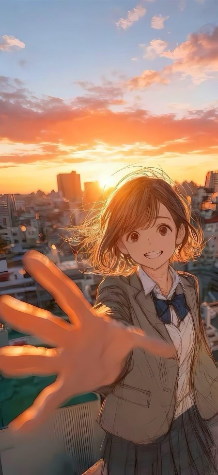 少女校服天台伸手迎夕阳城市剪影动漫手机壁纸