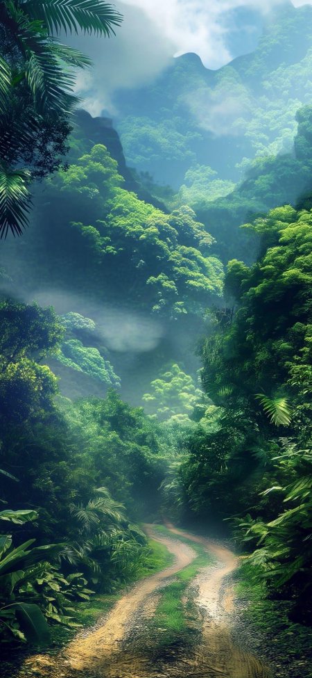 雨林小径与云雾山峦神秘自然风光风景手机壁纸