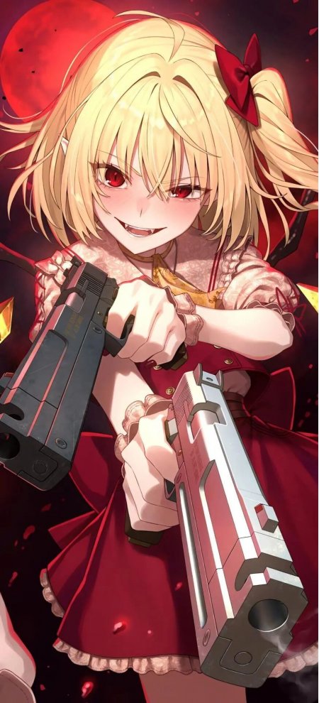 金发双马尾少女红裙持双枪哥特风动漫手机壁纸