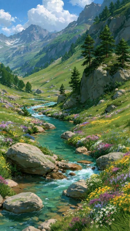 山间溪流花海与雪山绿树治愈系自然风光风景手机壁纸