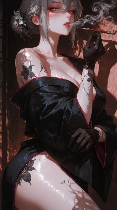 银发少女穿黑色和服持烟斗纹身艺术动漫手机壁纸