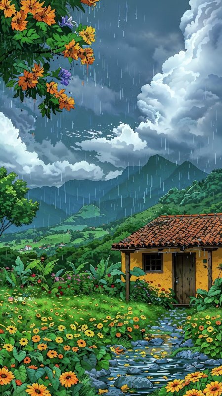 雨中乡间小屋与山野花海田园风光风景手机壁纸