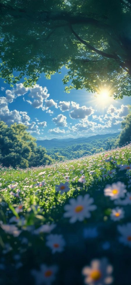 阳光穿透树林花海漫山遍野明媚风光风景手机壁纸