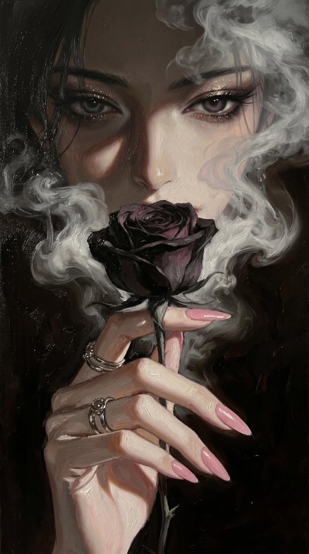 美女持黑玫瑰烟雾缭绕暗黑系艺术插画手机壁纸