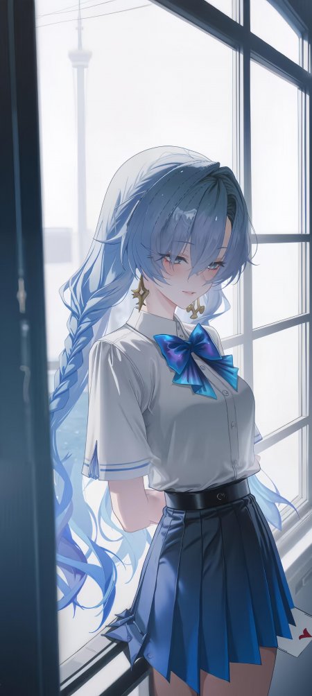 蓝发少女校服窗边站立清新校园动漫手机壁纸