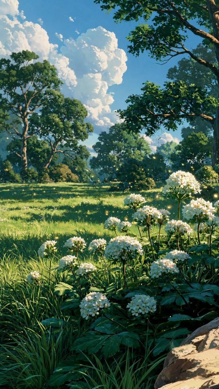 白色野花林间草地萤火虫飞舞梦幻自然风光风景手机壁纸