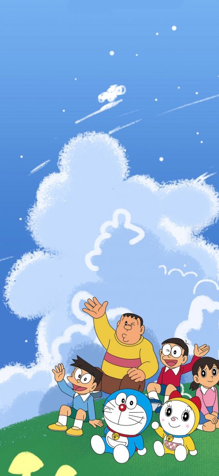 哆啦A梦与伙伴坐草地挥手蓝天背景动漫手机壁纸