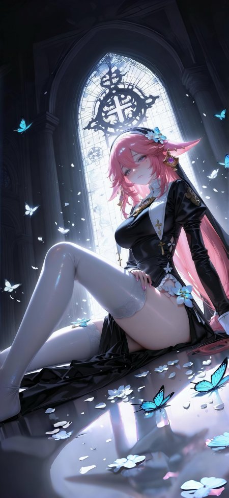 粉发少女穿黑裙坐教堂窗前蝴蝶环绕动漫手机壁纸