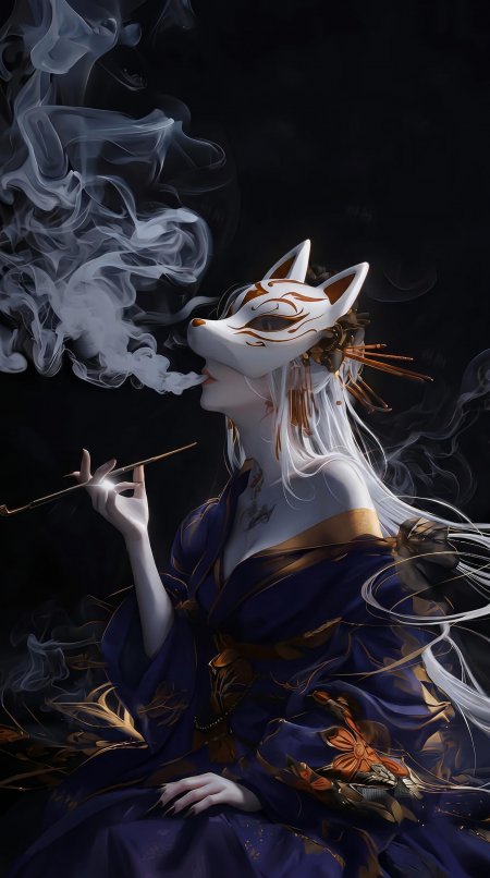 狐面少女着蓝金和服烟雾缭绕艺术插画动漫手机壁纸