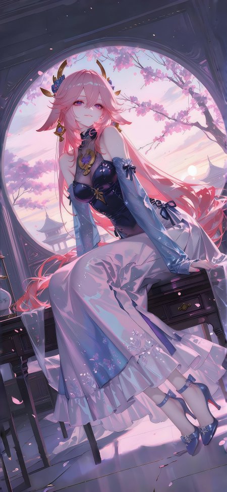 粉色长发少女坐圆桌旁樱花背景动漫手机壁纸