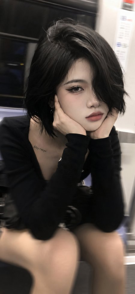 美女黑色短发托腮沉思时尚摄影手机壁纸