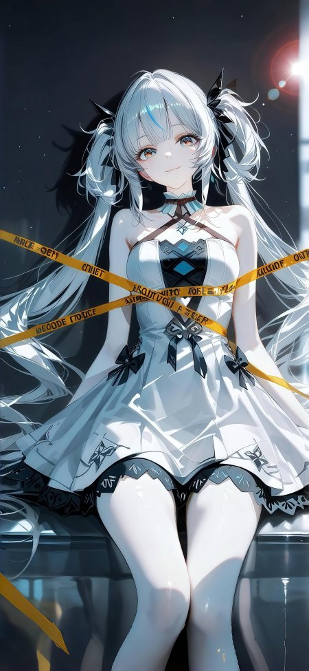 银发双马尾少女穿白裙被黄胶带缠绕动漫手机壁纸