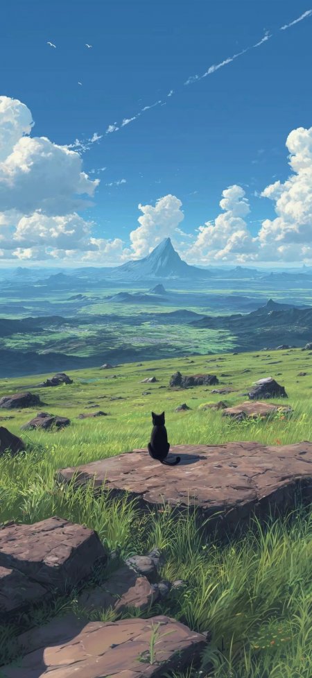 黑猫坐岩石远眺青山绿野辽阔风光风景手机壁纸