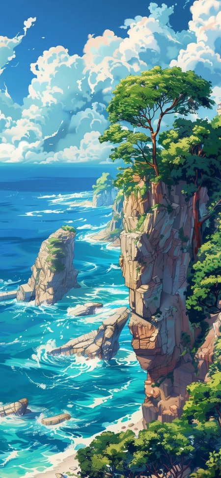 海边悬崖绿树与碧海蓝天自然风光风景手机壁纸