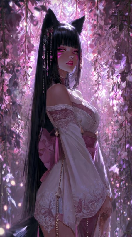 猫耳少女穿粉白和服立于紫藤花下梦幻动漫手机壁纸