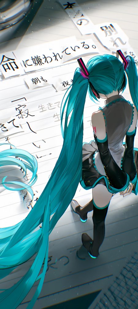 初音未来绿发双马尾背对日文书信音乐动漫手机壁纸