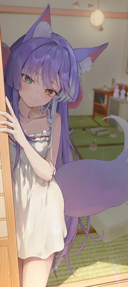 紫发猫耳少女白裙倚门日式房间萌系动漫手机壁纸