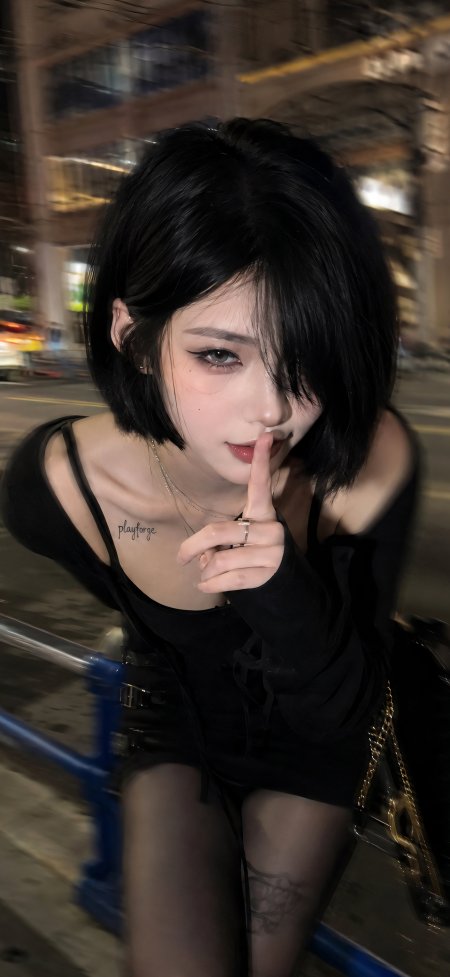 美女黑色短发街头手指轻触嘴唇时尚摄影手机壁纸