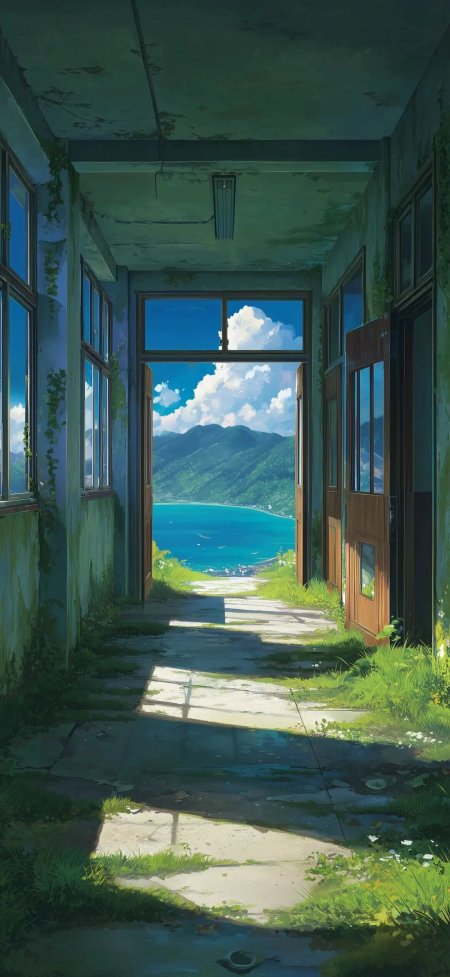 废弃走廊通向碧海青山光影斑驳治愈风景手机壁纸