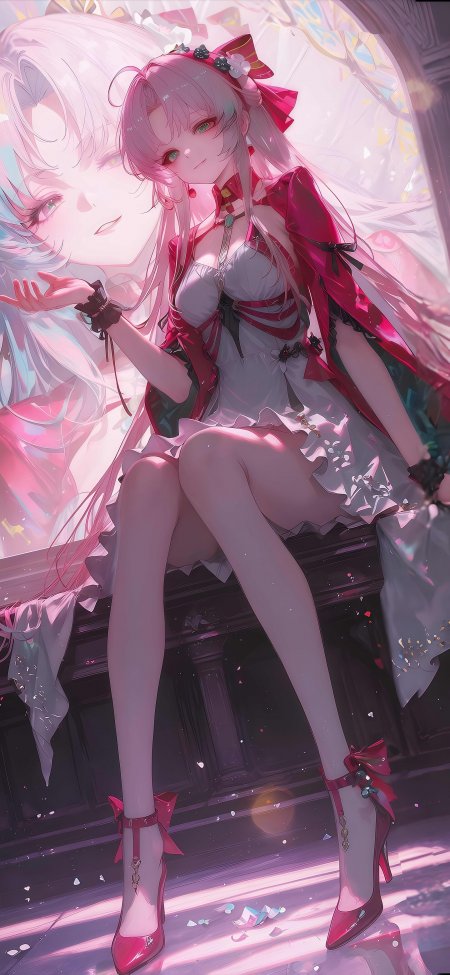 粉发少女穿红白裙坐台阶旁光影梦幻动漫手机壁纸