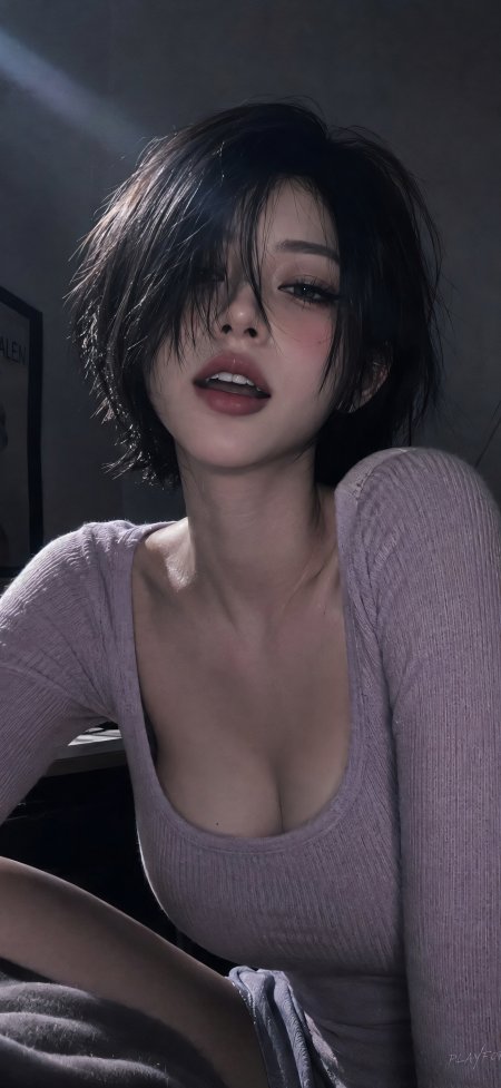美女黑色短发紫色上衣光影写真风格摄影手机壁纸