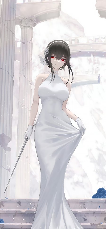 黑发少女白礼服持剑站石柱废墟动漫手机壁纸